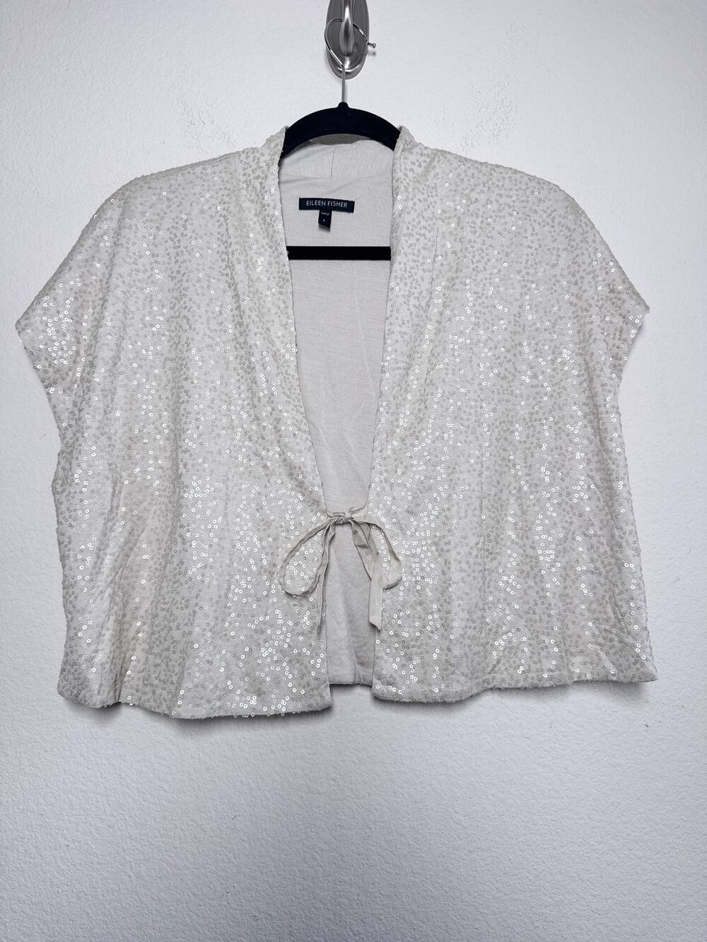 Eileen Fisher Alabaster Silk Sequin Tie Front Crop Jacket L
